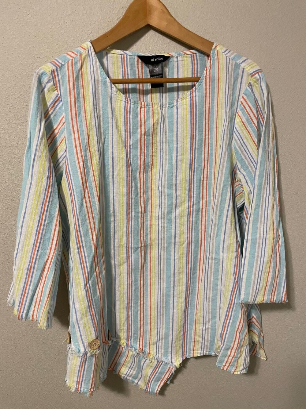 Ali Miles Tunic Top Womens 1X Multicolor Stripe Linen Cotton Asymmetrical Boho